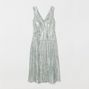 H&M Conscious Dress Seafoam Mint Silver Metallic Jacquard Pattern sheath M